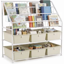 Bücherregal mit Metallrahmen Körben Schubladen & Offenen Regalböden 89 x 36,5 x 87 cm Weiß
