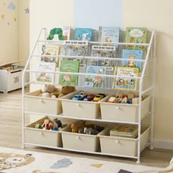 Bücherregal mit Metallrahmen Körben Schubladen & Offenen Regalböden 89 x 36,5 x 87 cm Weiß