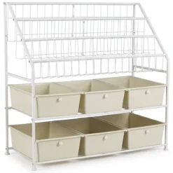 Bücherregal mit Metallrahmen Körben Schubladen & Offenen Regalböden 89 x 36,5 x 87 cm Weiß