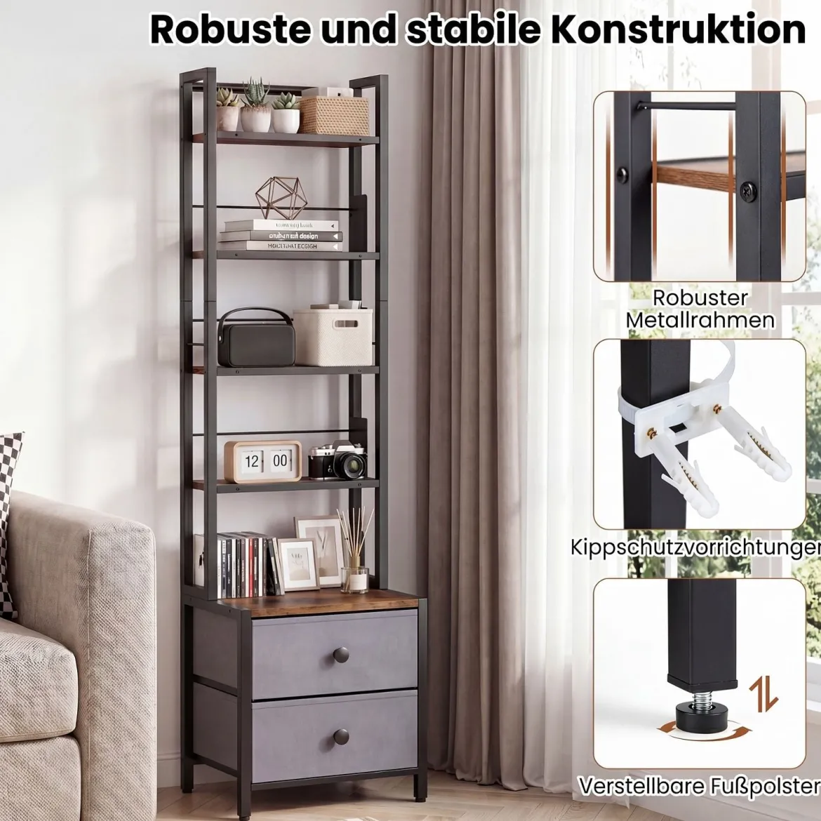 Bücherregal mit Metallrahmen 5 Regalen & 2 Stoffschubladen 40 x 30 x 144 cm Rustikalbraun