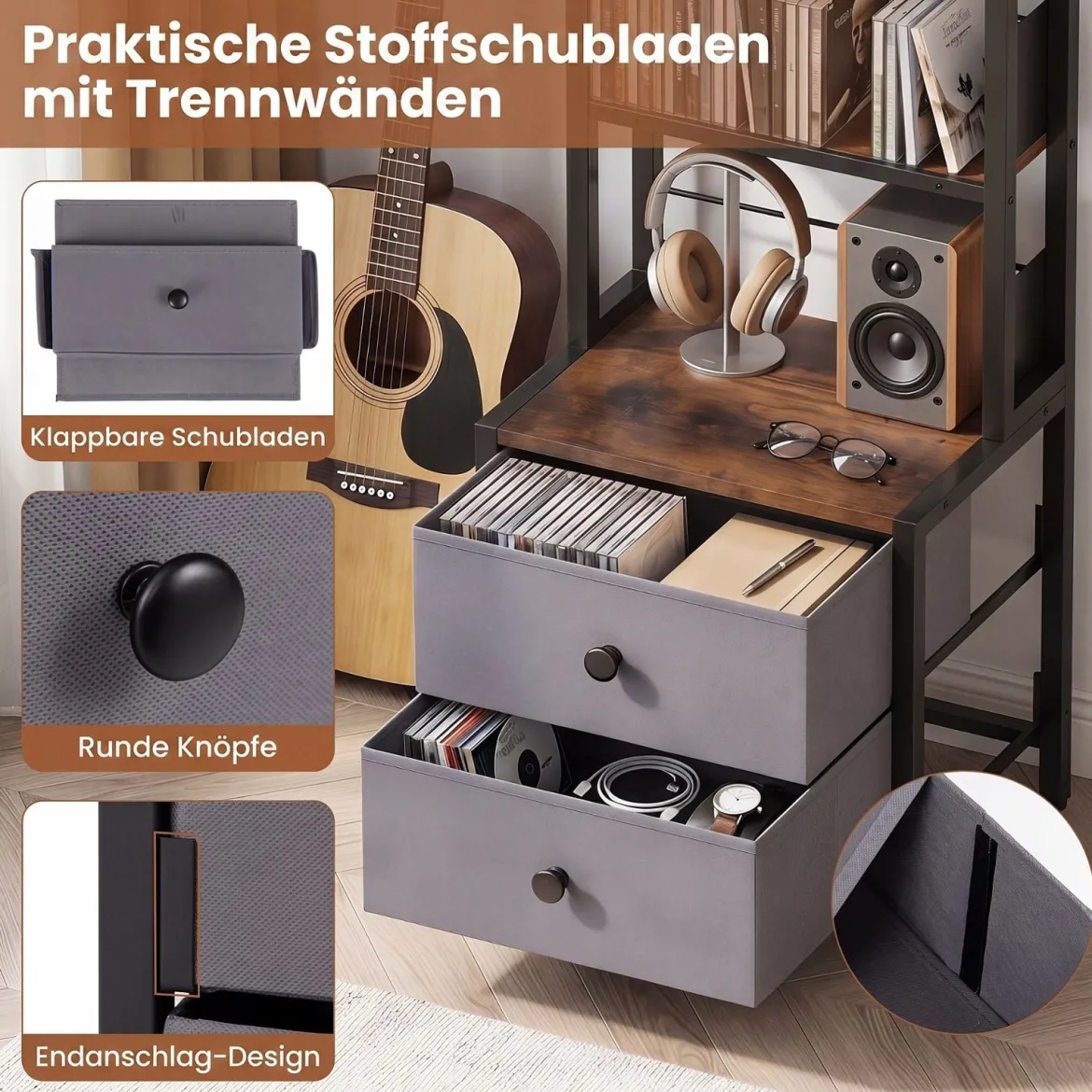 Bücherregal mit Metallrahmen 5 Regalen & 2 Stoffschubladen 40 x 30 x 144 cm Rustikalbraun