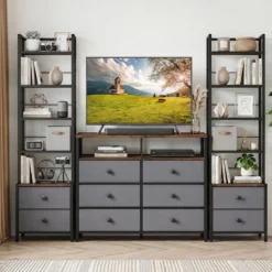 Bücherregal mit Metallrahmen 5 Regalen & 2 Stoffschubladen 40 x 30 x 144 cm Rustikalbraun