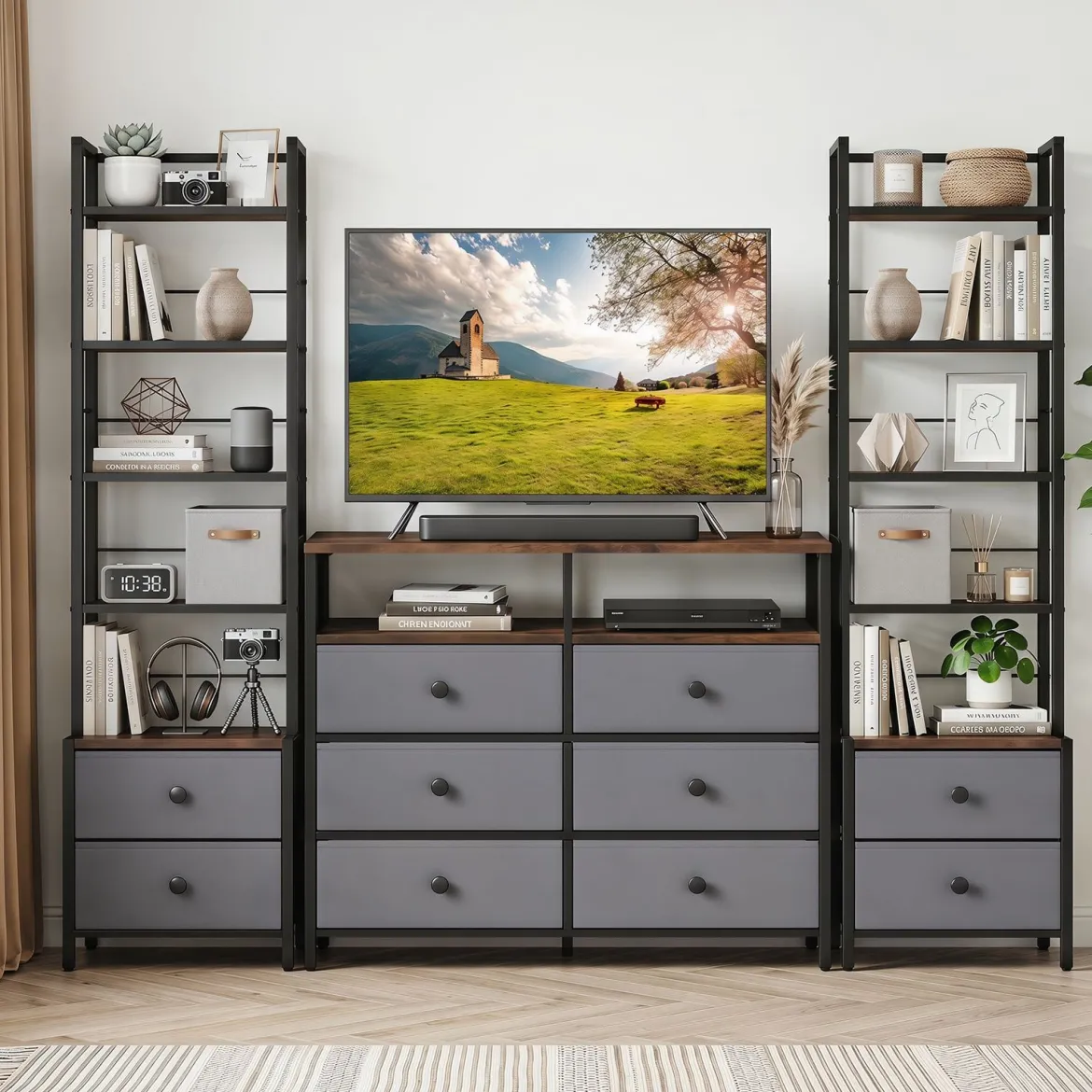 Bücherregal mit Metallrahmen 5 Regalen & 2 Stoffschubladen 40 x 30 x 144 cm Rustikalbraun