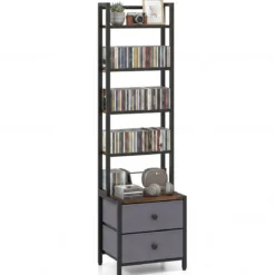 Bücherregal mit Metallrahmen 5 Regalen & 2 Stoffschubladen 40 x 30 x 144 cm Rustikalbraun
