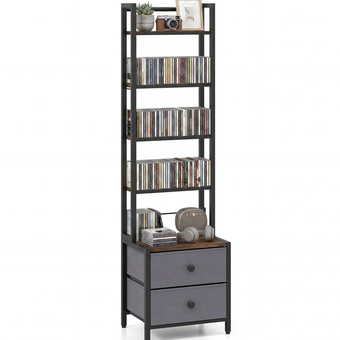 Bücherregal mit Metallrahmen 5 Regalen & 2 Stoffschubladen 40 x 30 x 144 cm Rustikalbraun