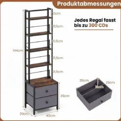 Bücherregal mit Metallrahmen 5 Regalen & 2 Stoffschubladen 40 x 30 x 144 cm Rustikalbraun