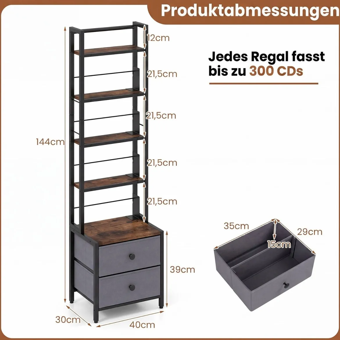 Bücherregal mit Metallrahmen 5 Regalen & 2 Stoffschubladen 40 x 30 x 144 cm Rustikalbraun