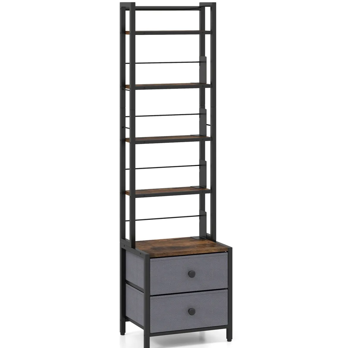Bücherregal mit Metallrahmen 5 Regalen & 2 Stoffschubladen 40 x 30 x 144 cm Rustikalbraun