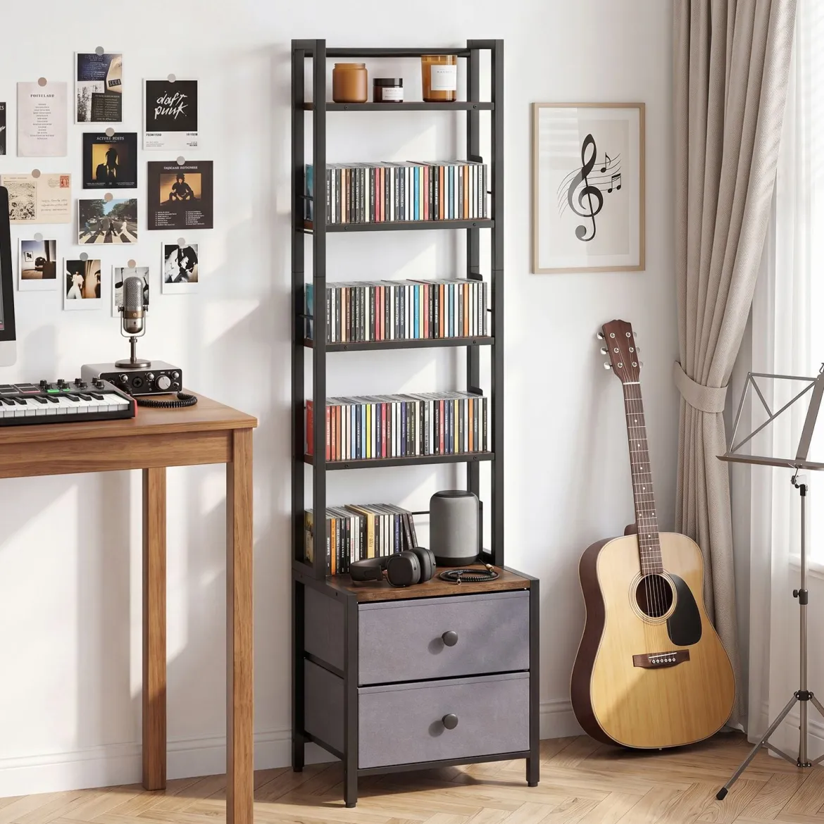 Bücherregal mit Metallrahmen 5 Regalen & 2 Stoffschubladen 40 x 30 x 144 cm Rustikalbraun