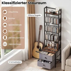 Bücherregal mit Metallrahmen 5 Regalen & 2 Stoffschubladen 40 x 30 x 144 cm Rustikalbraun