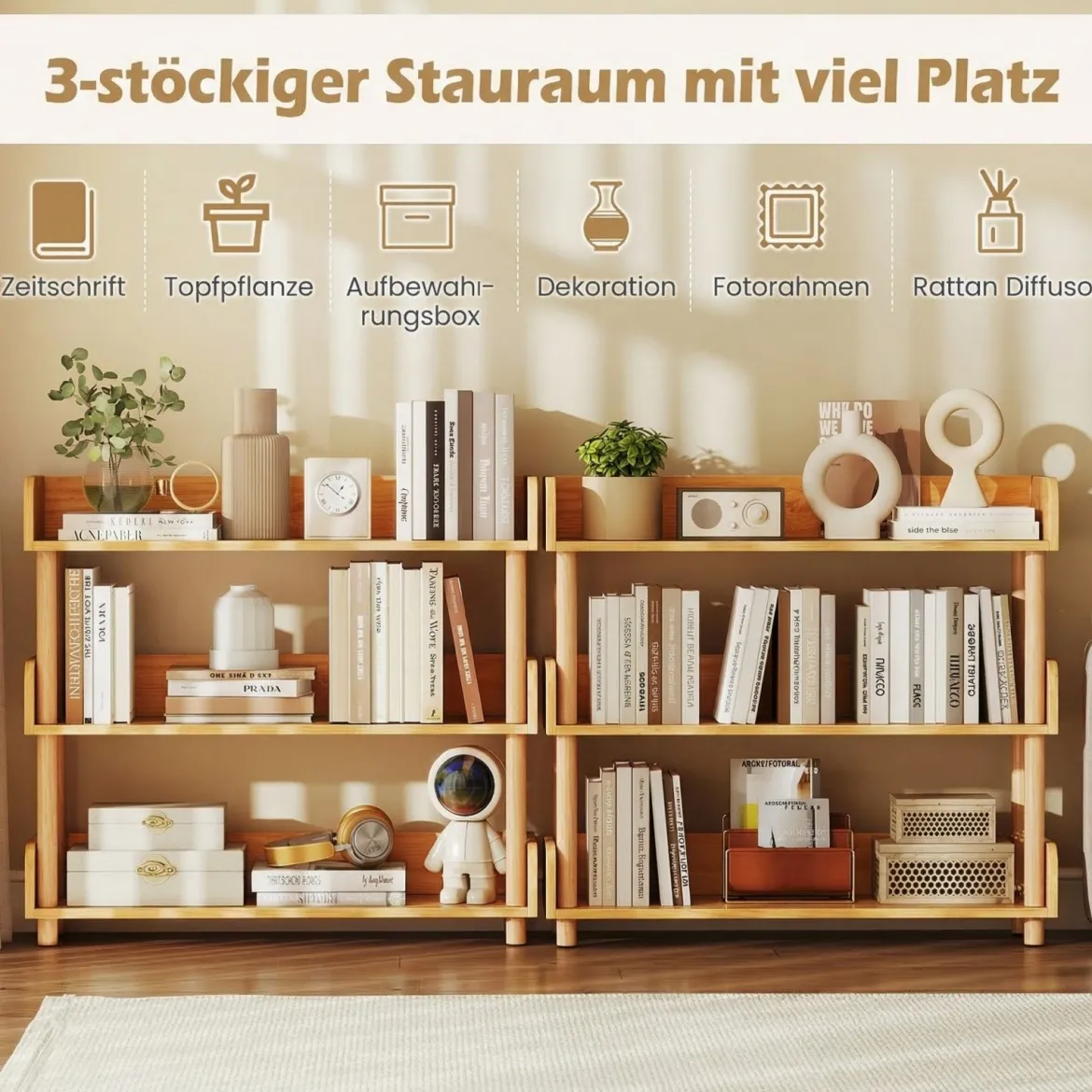 Bücherregal mit 3 Offene Ebene Holzrahmen & Oberkante Freistehendes Standregal Lagerregal