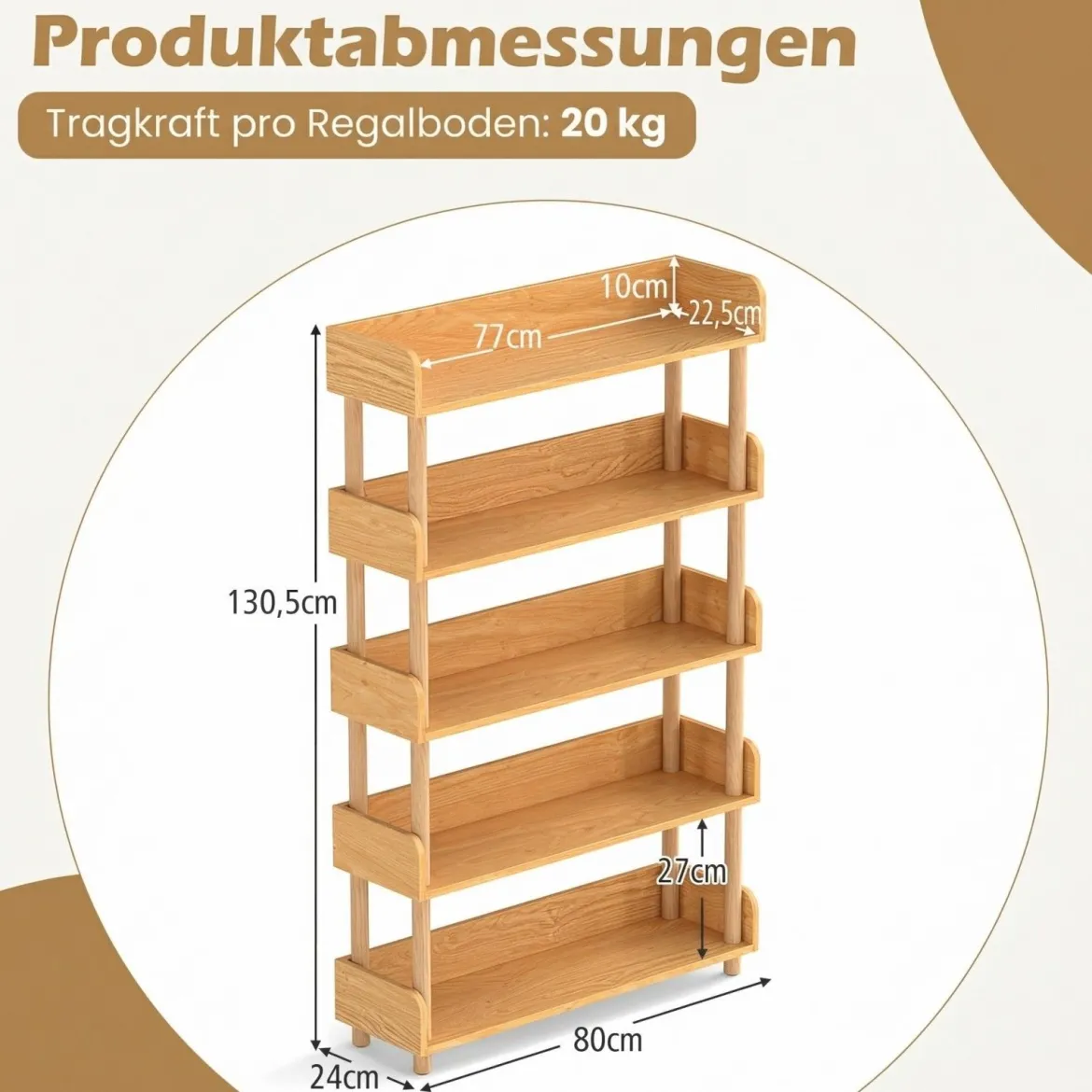 Bücherregal mit 5 Offene Ebene Holzrahmen & Oberkante Freistehendes Standregal Lagerregal