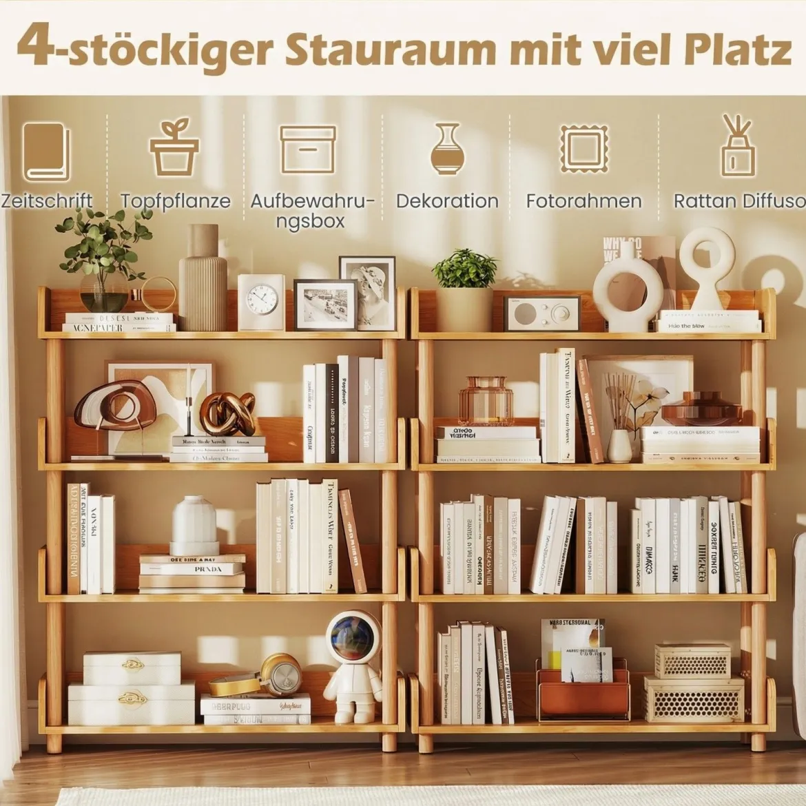 Bücherregal mit 4 Offene Ebene Holzrahmen & Oberkante Freistehendes Standregal Lagerregal