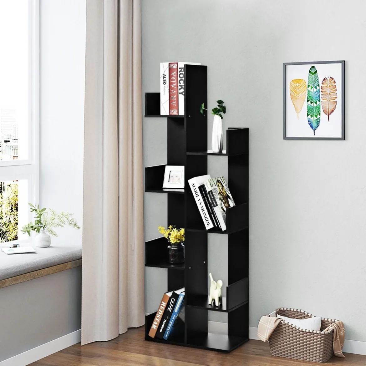 Bücherregal mit 8 offenen Fächern Bücherschrank Holz Standregal Holzregal Aufbewahrungsregal Schwarz