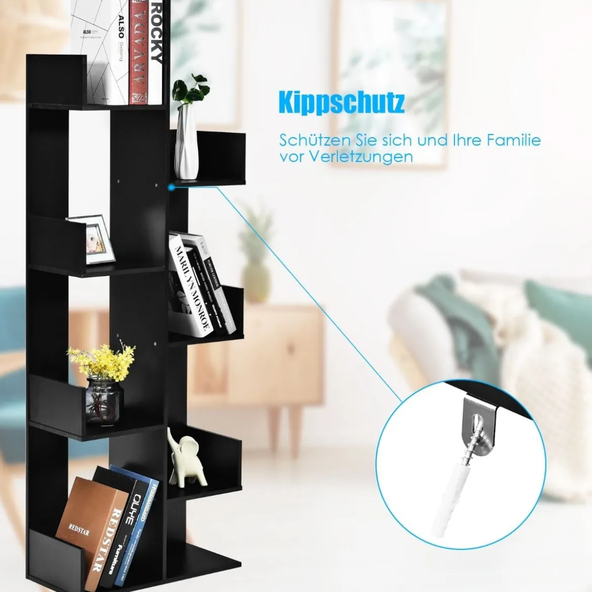 Bücherregal mit 8 offenen Fächern Bücherschrank Holz Standregal Holzregal Aufbewahrungsregal Schwarz