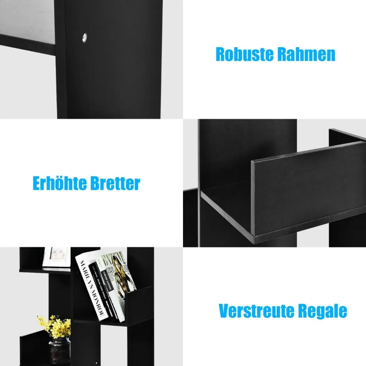 Bücherregal mit 8 offenen Fächern Bücherschrank Holz Standregal Holzregal Aufbewahrungsregal Schwarz