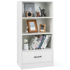 Bücherregal mit Schubladen 4 Ebenen Lagerregal aus Holz Standregal 120cm Weiß