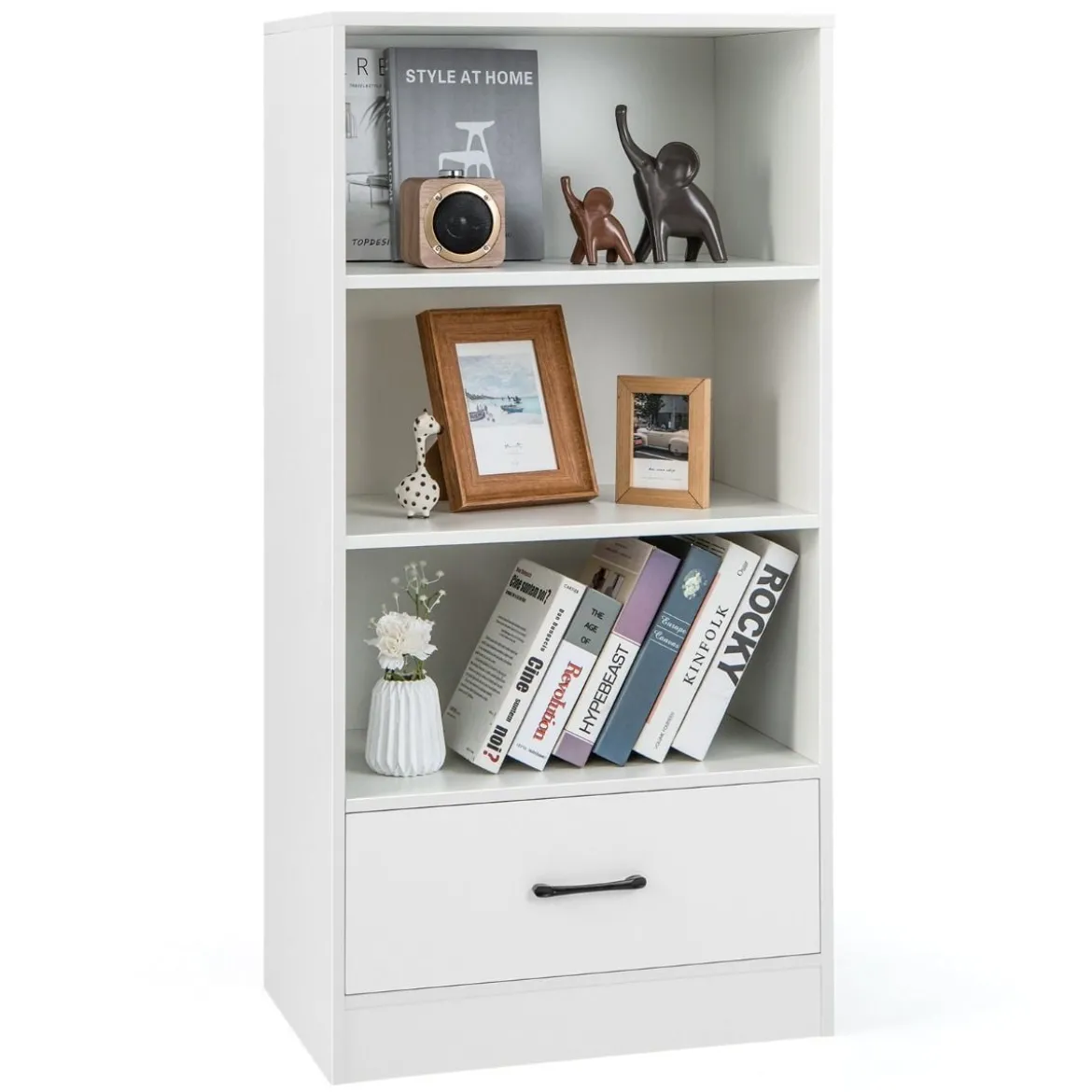 Bücherregal mit Schubladen 4 Ebenen Lagerregal aus Holz Standregal 120cm Weiß
