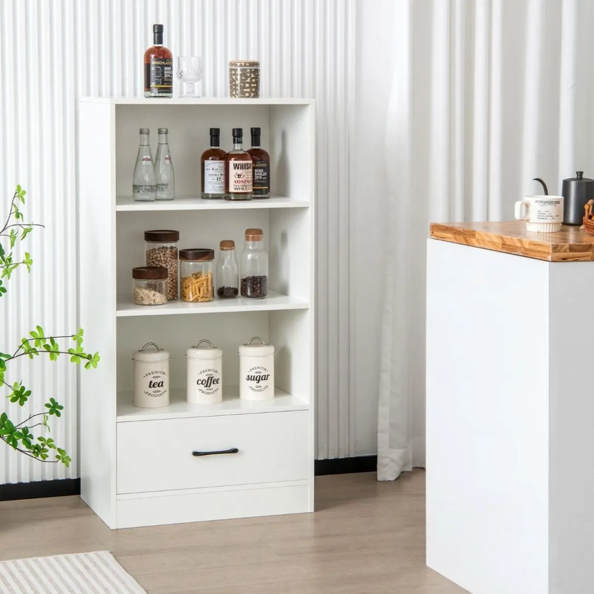 Bücherregal mit Schubladen 4 Ebenen Lagerregal aus Holz Standregal 120cm Weiß