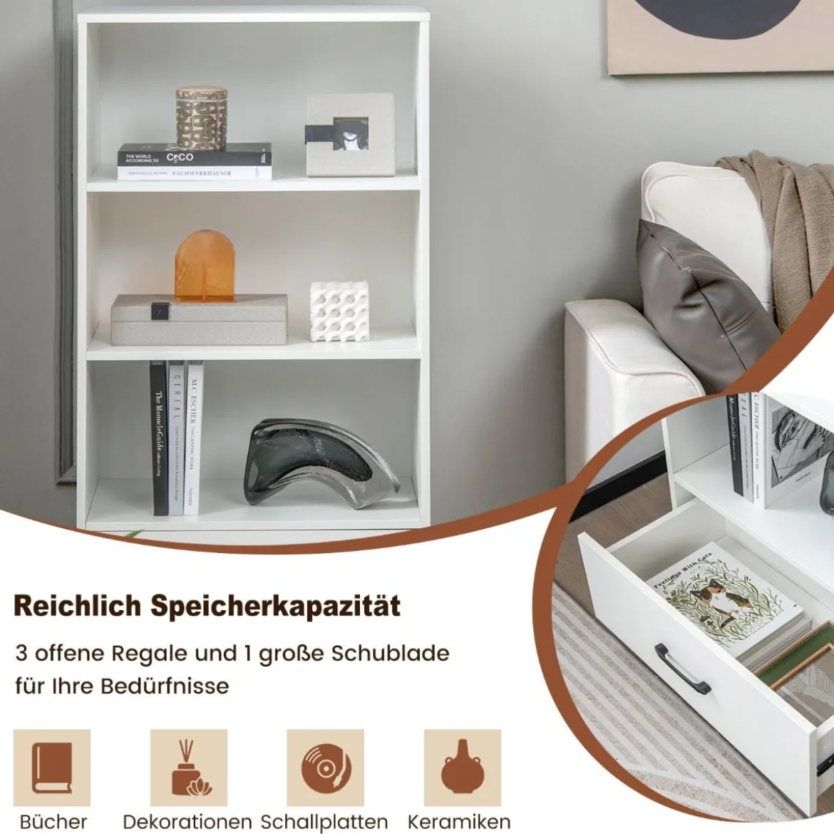 Bücherregal mit Schubladen 4 Ebenen Lagerregal aus Holz Standregal 120cm Weiß
