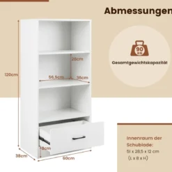 Bücherregal mit Schubladen 4 Ebenen Lagerregal aus Holz Standregal 120cm Weiß
