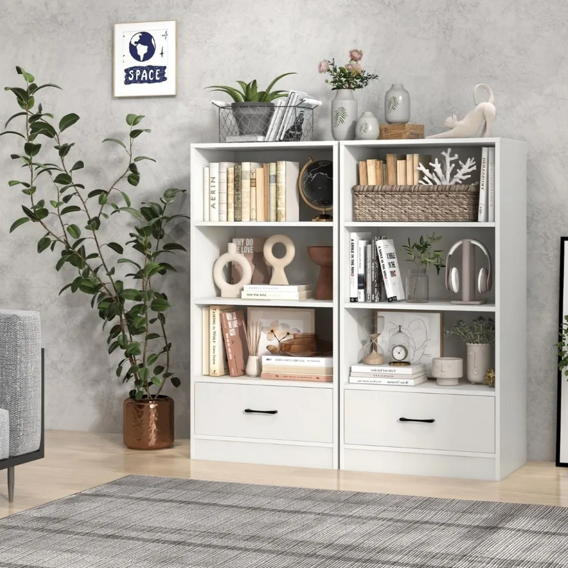 Bücherregal mit Schubladen 4 Ebenen Lagerregal aus Holz Standregal 120cm Weiß