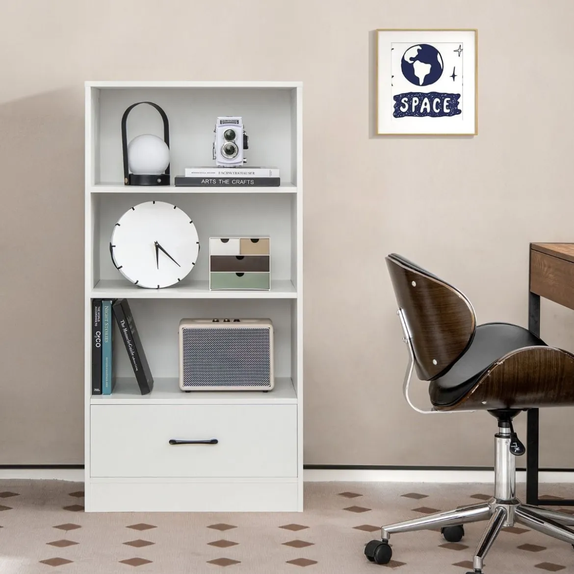 Bücherregal mit Schubladen 4 Ebenen Lagerregal aus Holz Standregal 120cm Weiß