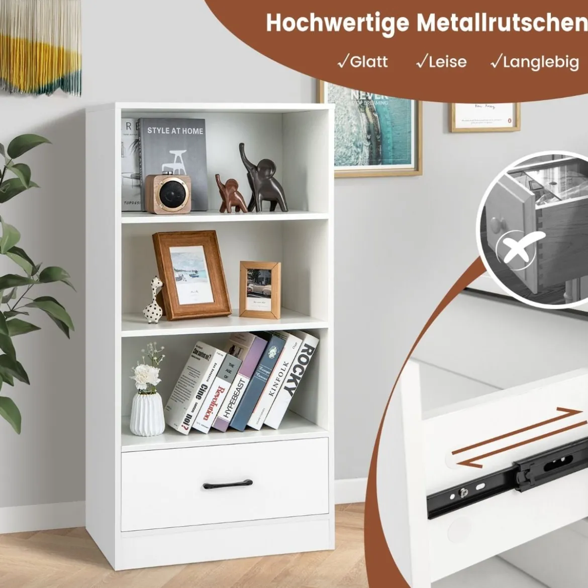 Bücherregal mit Schubladen 4 Ebenen Lagerregal aus Holz Standregal 120cm Weiß