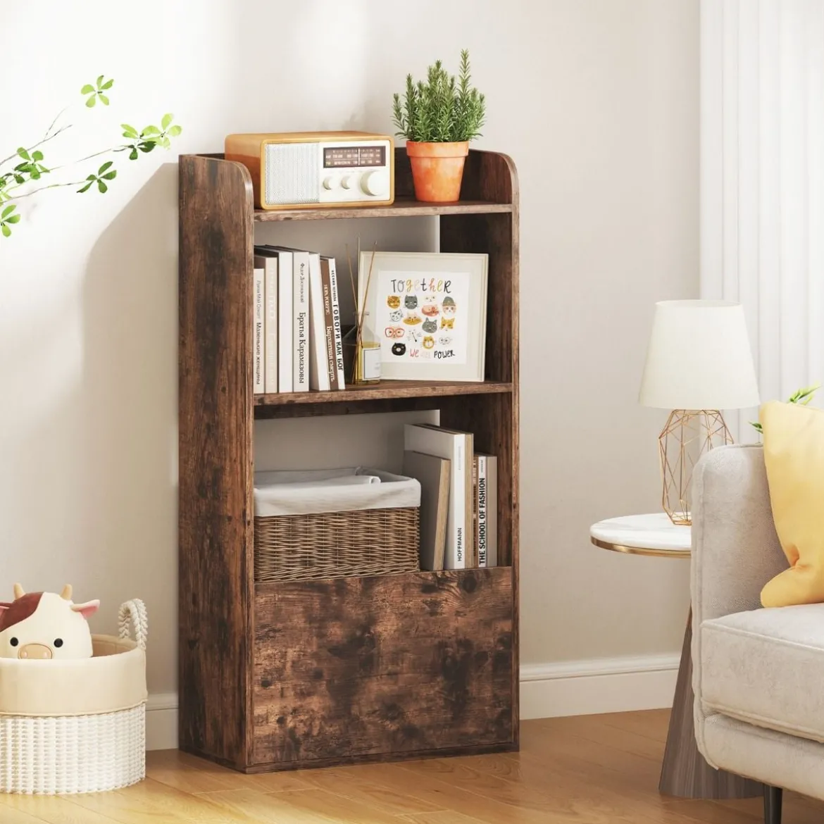 Bücherregal mit Schublade Standregal mit 2 Fächern Büroregal aus Holz 55 x 29 x 105 cm Weiß/Rustikales Braun