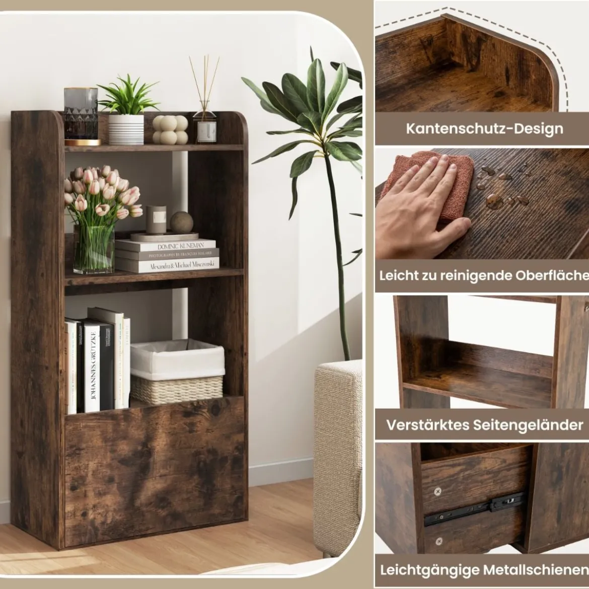 Bücherregal mit Schublade Standregal mit 2 Fächern Büroregal aus Holz 55 x 29 x 105 cm Weiß/Rustikales Braun