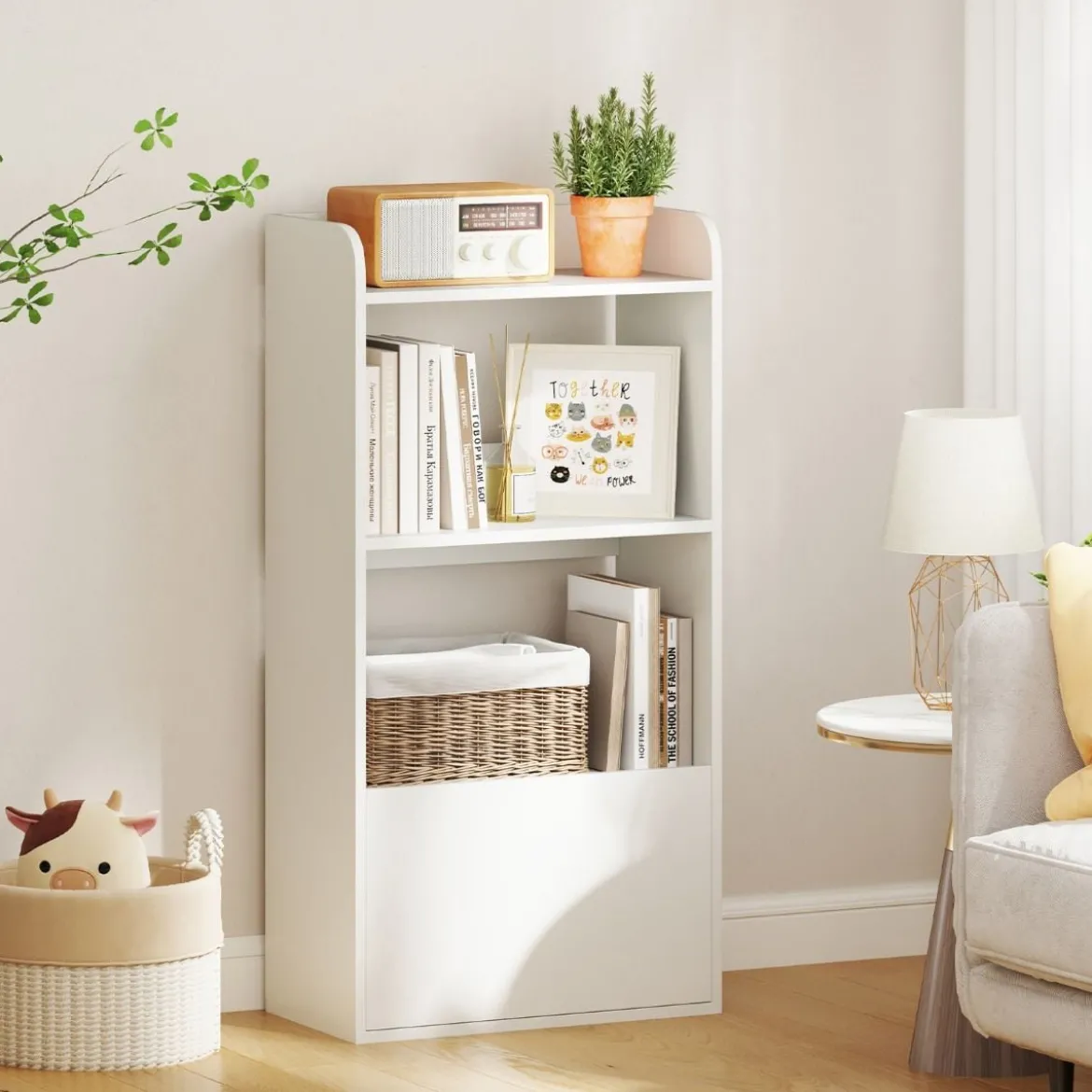 Bücherregal mit Schublade Standregal mit 2 Fächern Büroregal aus Holz 55 x 29 x 105 cm Weiß/Rustikales Braun