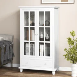 Bücherregal mit Türen aus gehärtetem Glas verstellbarem Regal Schublade & Kippschutz-Sets Weiß