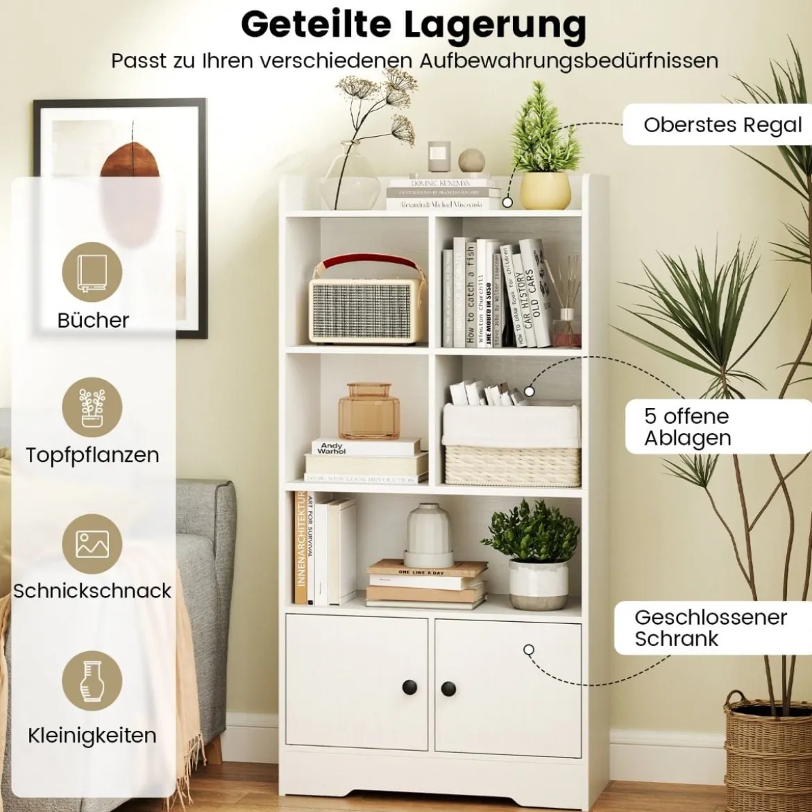 Bücherregal mit 2 Türen & 5 Fächern Bücherschrank Weiß aus Holz 60 x 29,5 x 120 cm