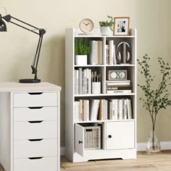 Bücherregal mit 2 Türen & 5 Fächern Bücherschrank Weiß aus Holz 60 x 29,5 x 120 cm
