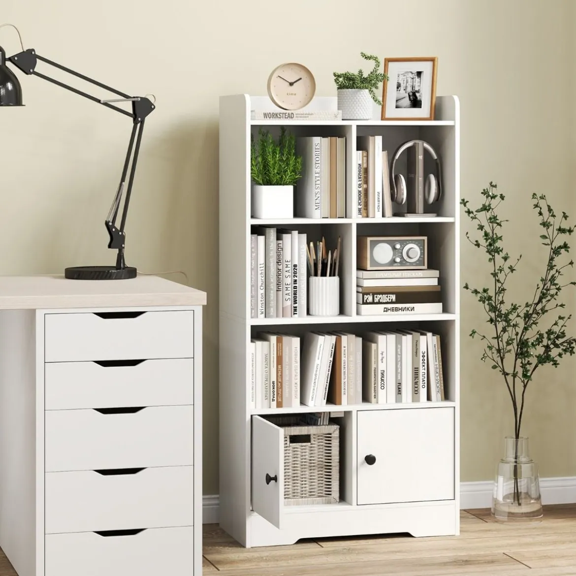 Bücherregal mit 2 Türen & 5 Fächern Bücherschrank Weiß aus Holz 60 x 29,5 x 120 cm