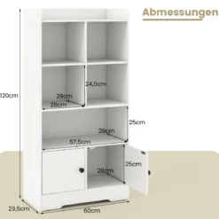 Bücherregal mit 2 Türen & 5 Fächern Bücherschrank Weiß aus Holz 60 x 29,5 x 120 cm