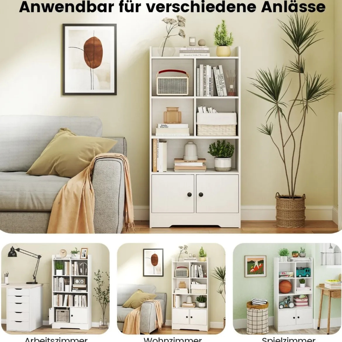 Bücherregal mit 2 Türen & 5 Fächern Bücherschrank Weiß aus Holz 60 x 29,5 x 120 cm