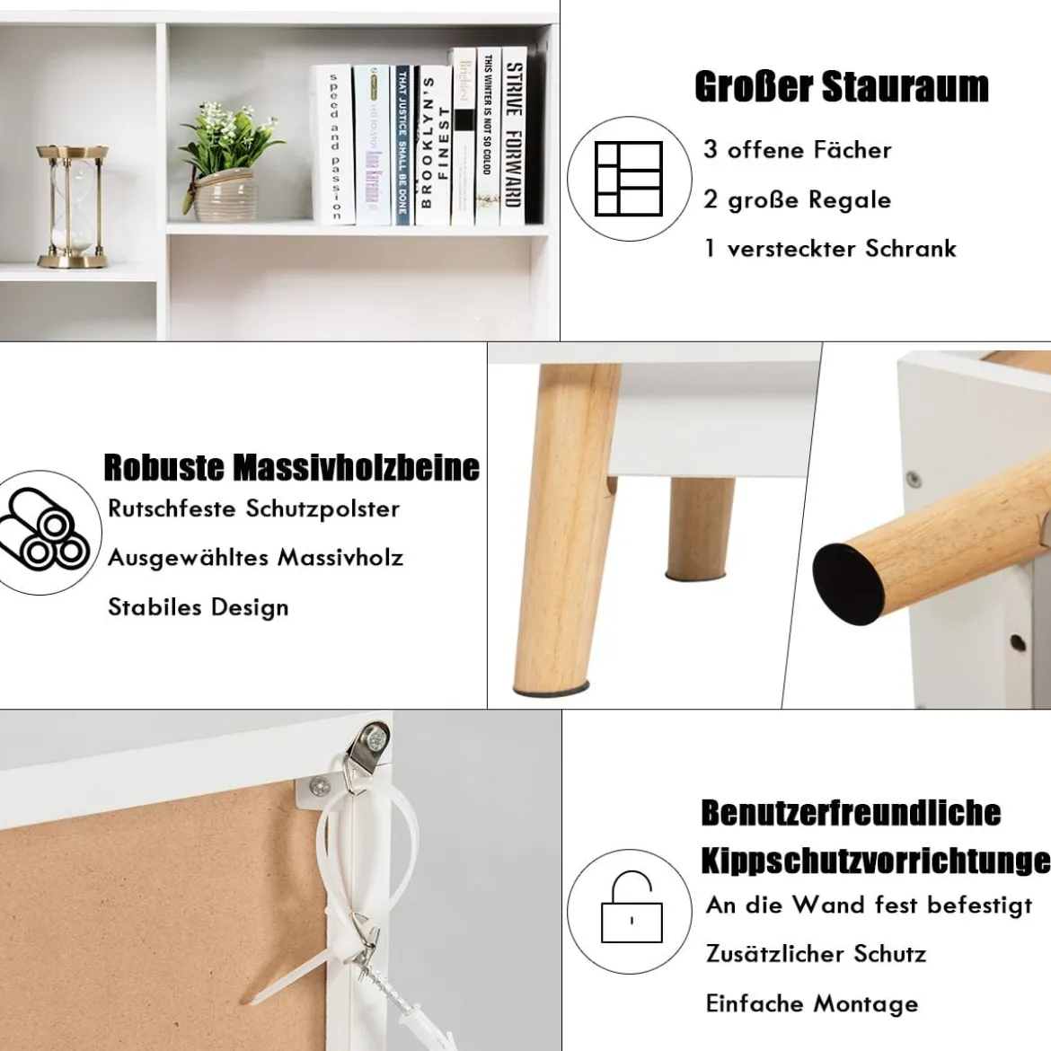Bücherregal mit Türen und offenes Fächern Bücherschrank Sideboard Kommode Standregal 80 x 24 x 119 cm Weiß