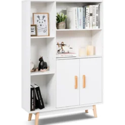 Bücherregal mit Türen und offenes Fächern Bücherschrank Sideboard Kommode Standregal 80 x 24 x 119 cm Weiß