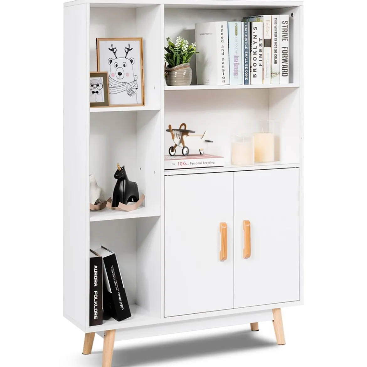 Bücherregal mit Türen und offenes Fächern Bücherschrank Sideboard Kommode Standregal 80 x 24 x 119 cm Weiß