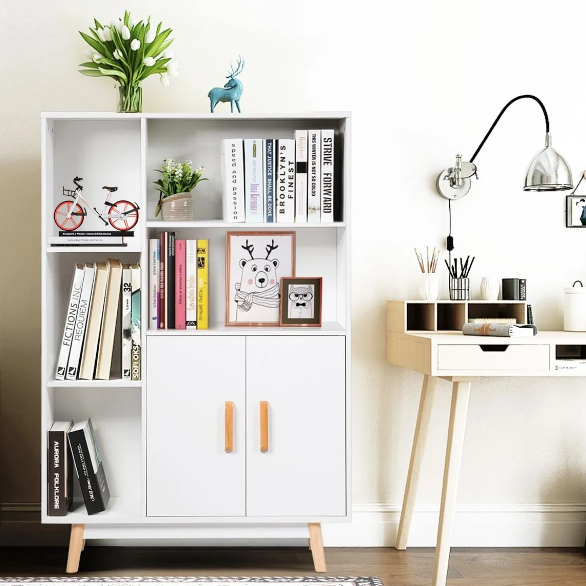 Bücherregal mit Türen und offenes Fächern Bücherschrank Sideboard Kommode Standregal 80 x 24 x 119 cm Weiß