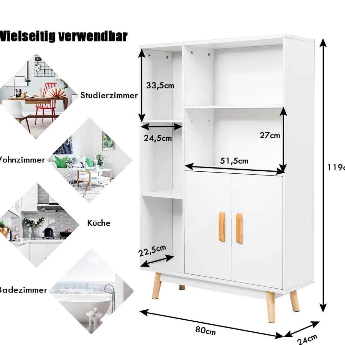 Bücherregal mit Türen und offenes Fächern Bücherschrank Sideboard Kommode Standregal 80 x 24 x 119 cm Weiß