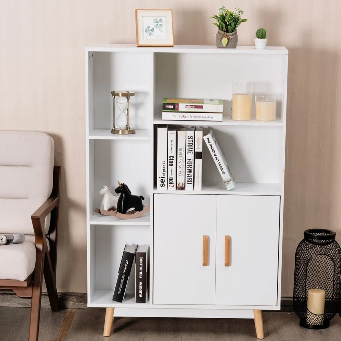 Bücherregal mit Türen und offenes Fächern Bücherschrank Sideboard Kommode Standregal 80 x 24 x 119 cm Weiß