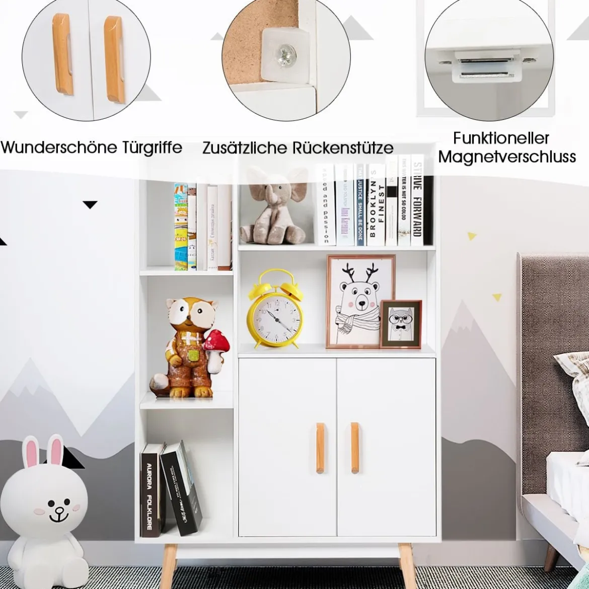 Bücherregal mit Türen und offenes Fächern Bücherschrank Sideboard Kommode Standregal 80 x 24 x 119 cm Weiß