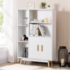 Bücherregal mit Türen und offenes Fächern Bücherschrank Sideboard Kommode Standregal 80 x 24 x 119 cm Weiß