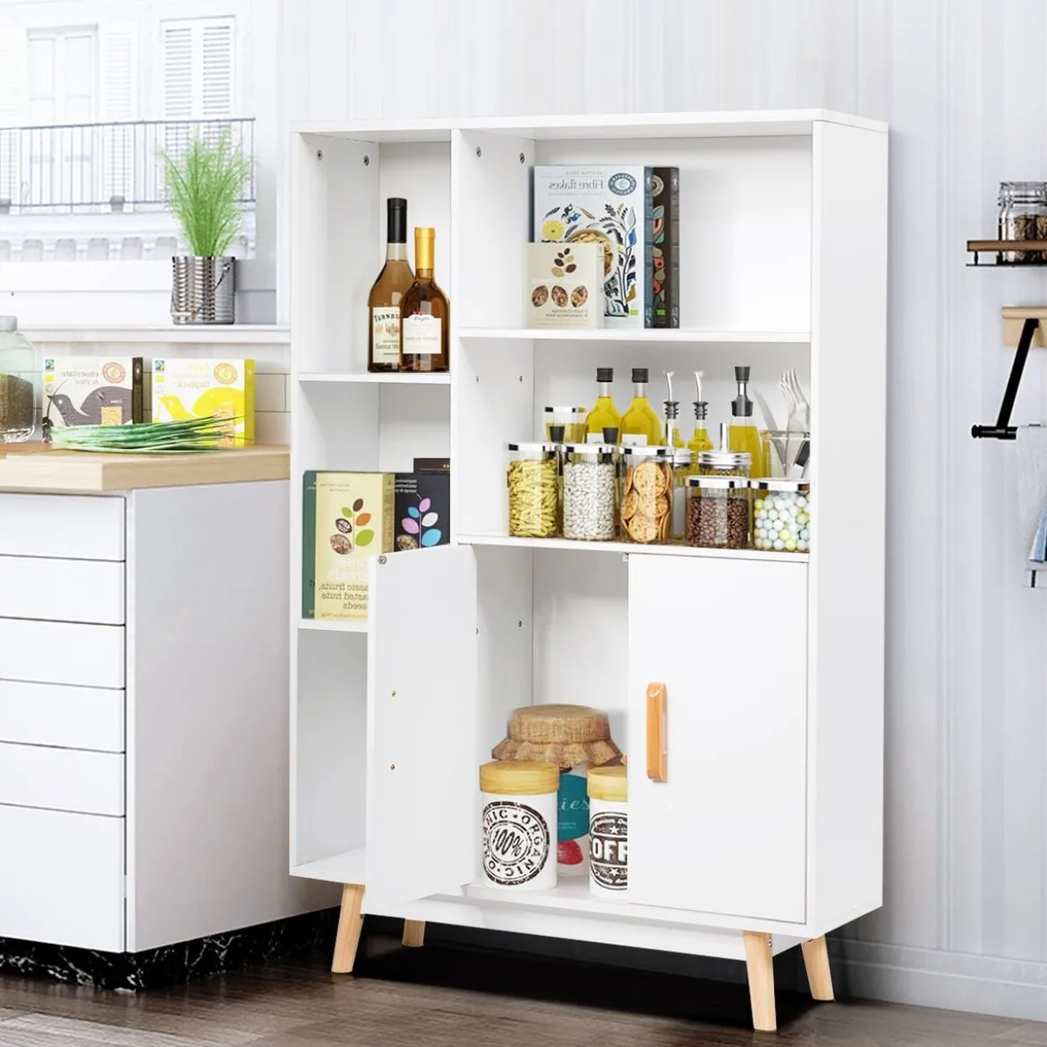 Bücherregal mit Türen und offenes Fächern Bücherschrank Sideboard Kommode Standregal 80 x 24 x 119 cm Weiß