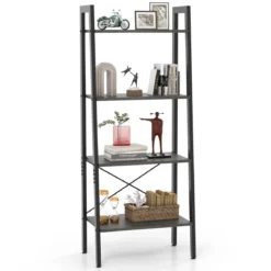 Bücherregal Regal mit 4 Ebenen Leiterregal Holz mit Kippsicherungen & verstellbaren Fußpolstern Dunkelbraun