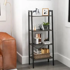 Bücherregal Regal mit 4 Ebenen Leiterregal Holz mit Kippsicherungen & verstellbaren Fußpolstern Dunkelbraun