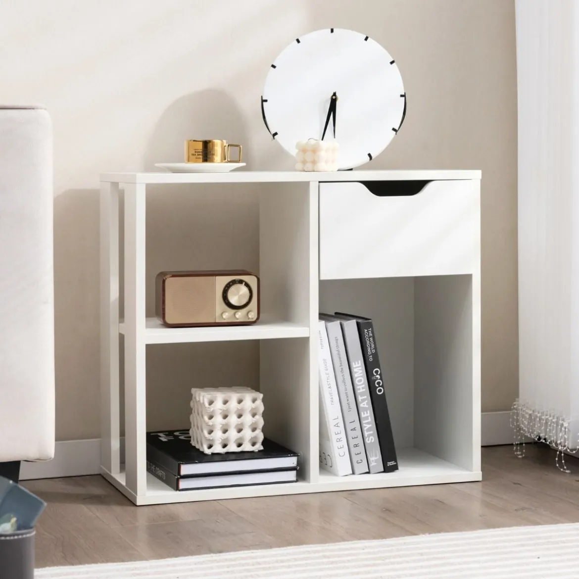 Bücherregal Regal Würfelregal mit Schublade und 3 Fächern Büroregal Holz Weiß 60 x 30 x 53 cm
