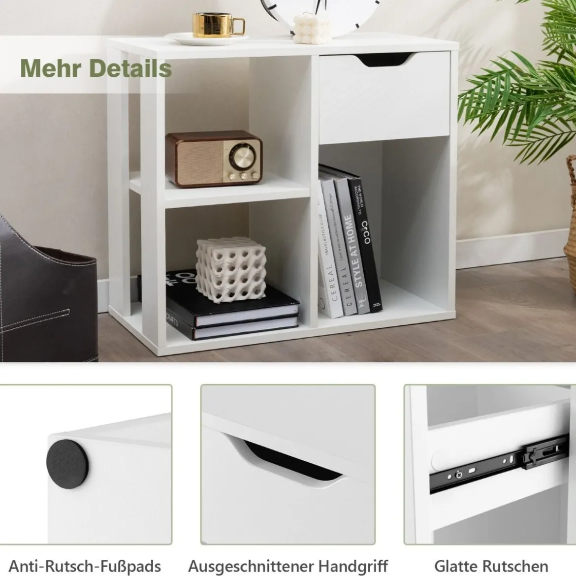 Bücherregal Regal Würfelregal mit Schublade und 3 Fächern Büroregal Holz Weiß 60 x 30 x 53 cm